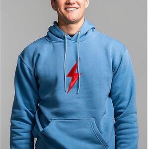 Blue Pullover Hoodie with Red Lightning Graphic - Men's Sweatshirt